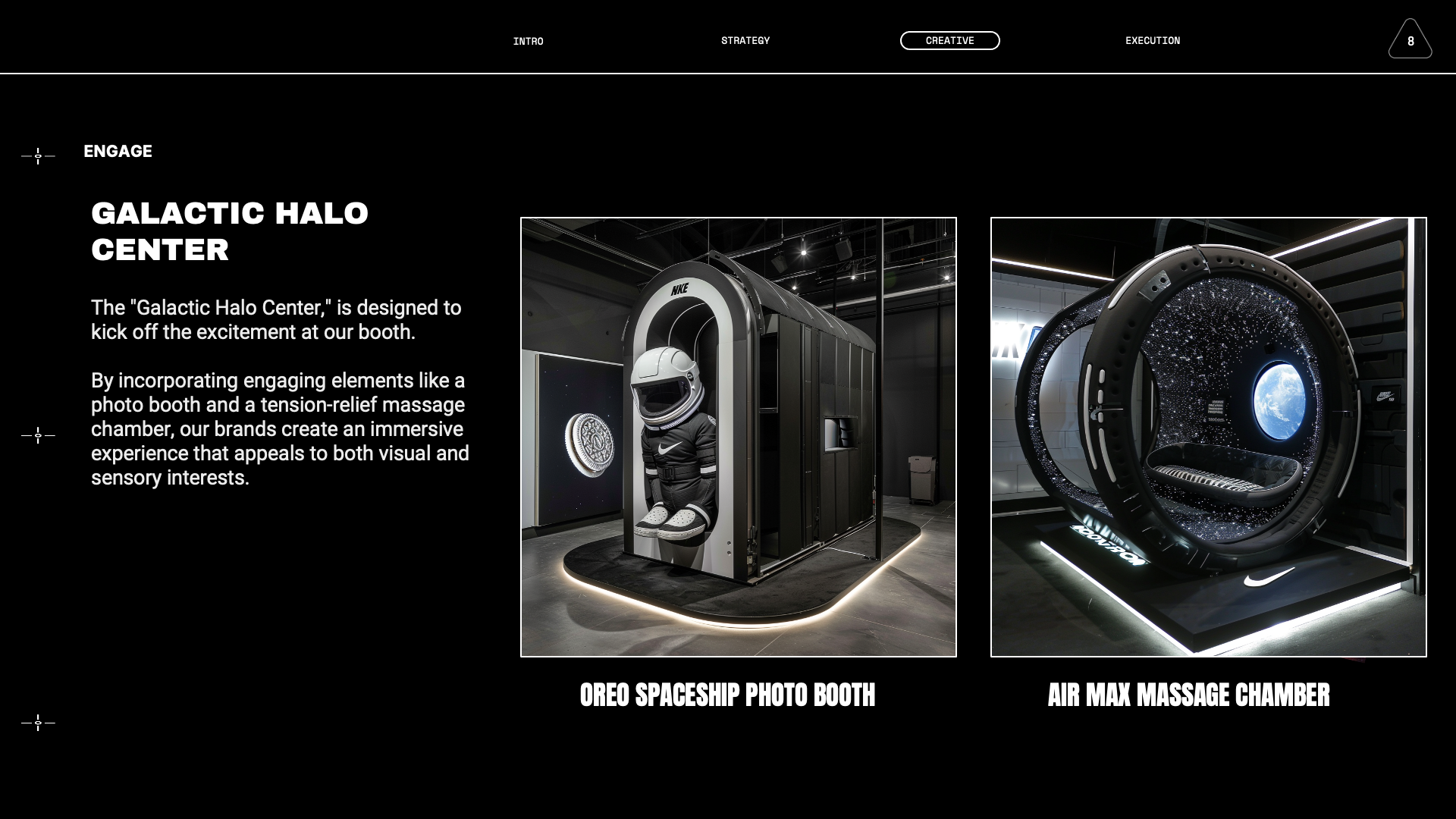 Description of the webpage showcasing a marketing event with sections titled Engage, Galactic Halo Center, Oreo Spaceship Photo Booth, and Air Max Massage Chamber, featuring images of futuristic booths and immersive experiences.