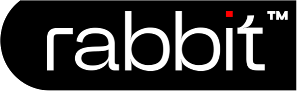The logo of the brand 'rabbit' with white text on a black background and a red dot above the 'i'.