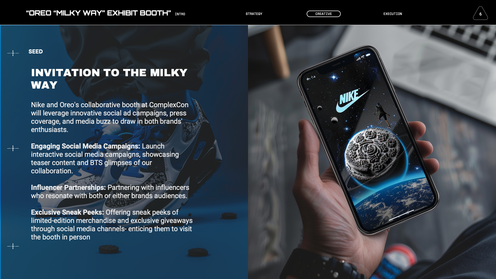 Page titled "Oreo 'Milky Way' Exhibit Booth" featuring text describing the social media campaign, influencer partnerships, exclusive sneak peeks, and an image of a person holding a smartphone displaying a space-themed Oreo cookie with Nike logo and a