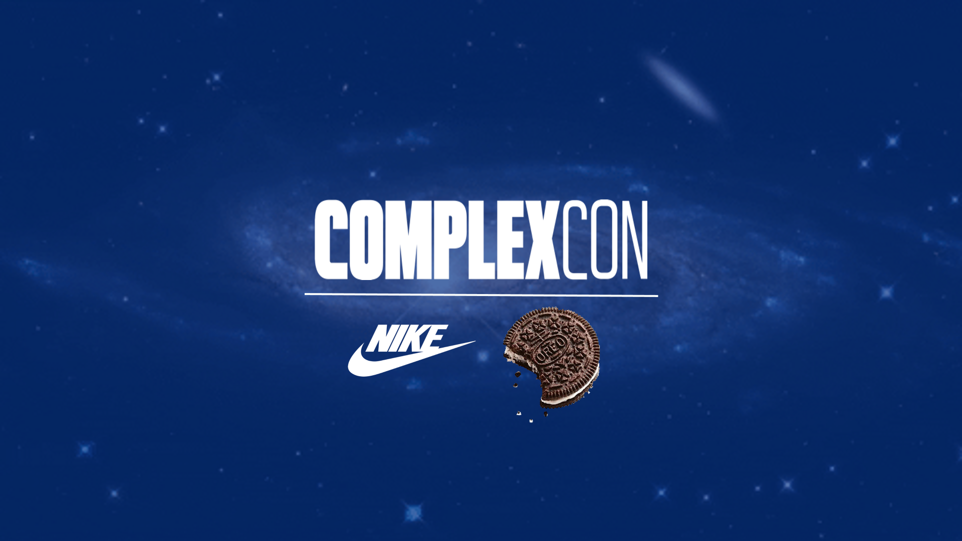 Promotional graphic for ComplexCon featuring a night sky background with stars, the words "ComplexCon" in bold white font, the Nike logo, and an Oreo cookie with a bite taken out of it.