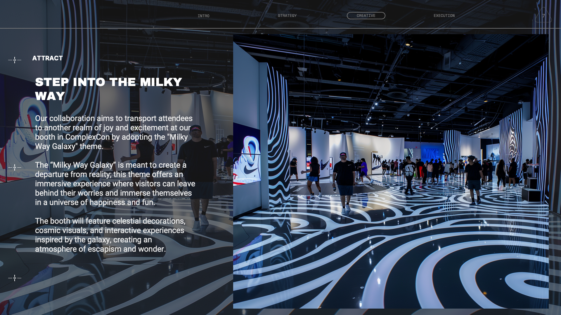 A modern, futuristic exhibition booth with black and white design inspired by the galaxy, adorned with neon accents, with several visitors walking around and engaging with displays in a spacious indoor venue.
