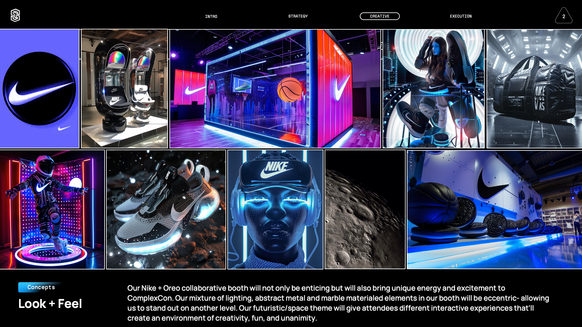 Preview of a digital design concept for Nike and Oreo collaboration booth at ComplexCon, featuring neon-lit sports and athletic gear, futuristic space-themed visual elements, and energetic branding.
