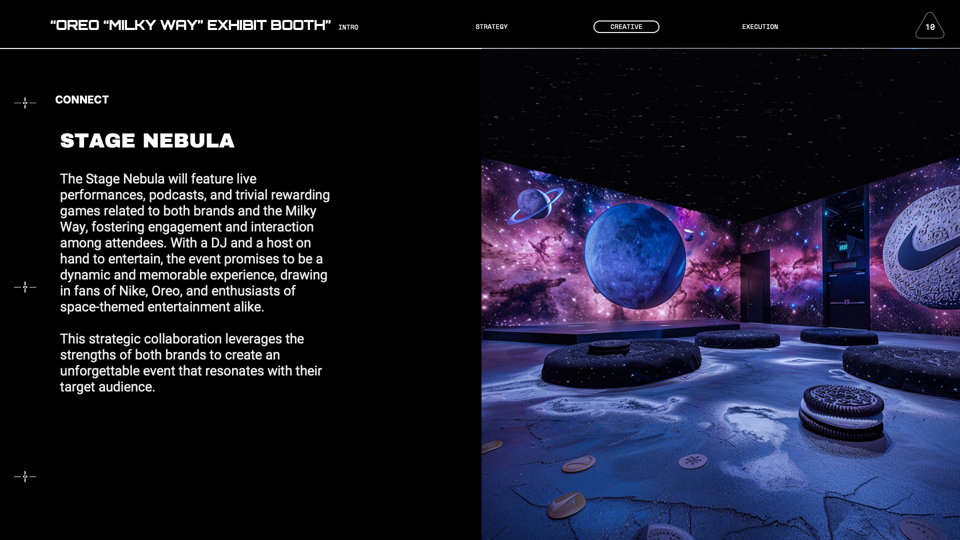 A space-themed exhibit booth featuring large planets, stars, and galaxy visuals on the walls, with seating and Nike branding elements.