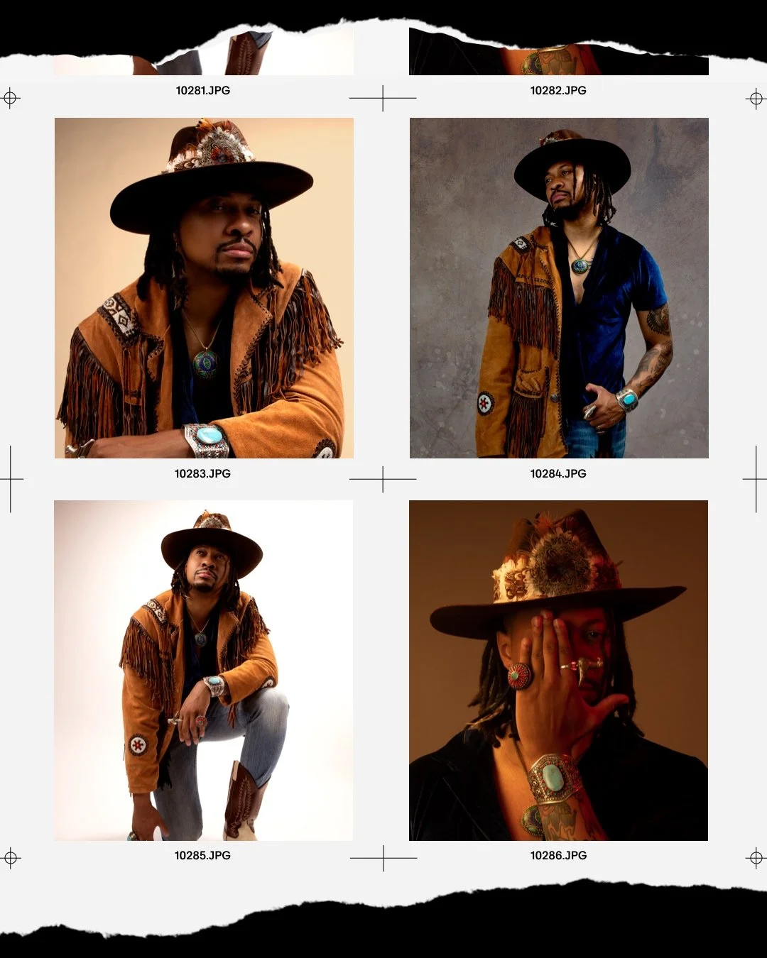 A collage of four photos of a man with dreadlocks, wearing a wide-brimmed hat, a fringed jacket, and jewelry, with different poses and backgrounds.