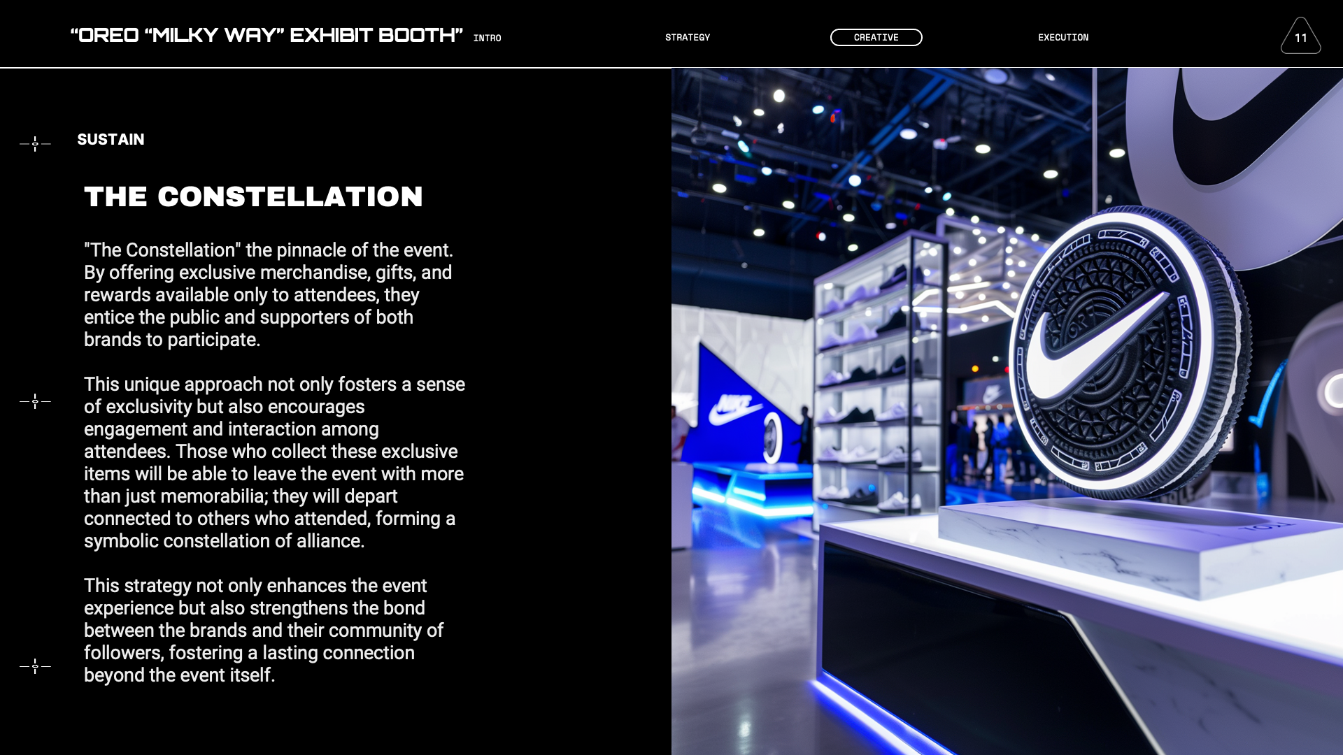 Display of Nike and Oreo branding at the "Oreo Milky Way" exhibit booth, showcasing merchandise and a large Oreo cookie with a Nike logo, at an event with modern lighting and an exhibition setup.