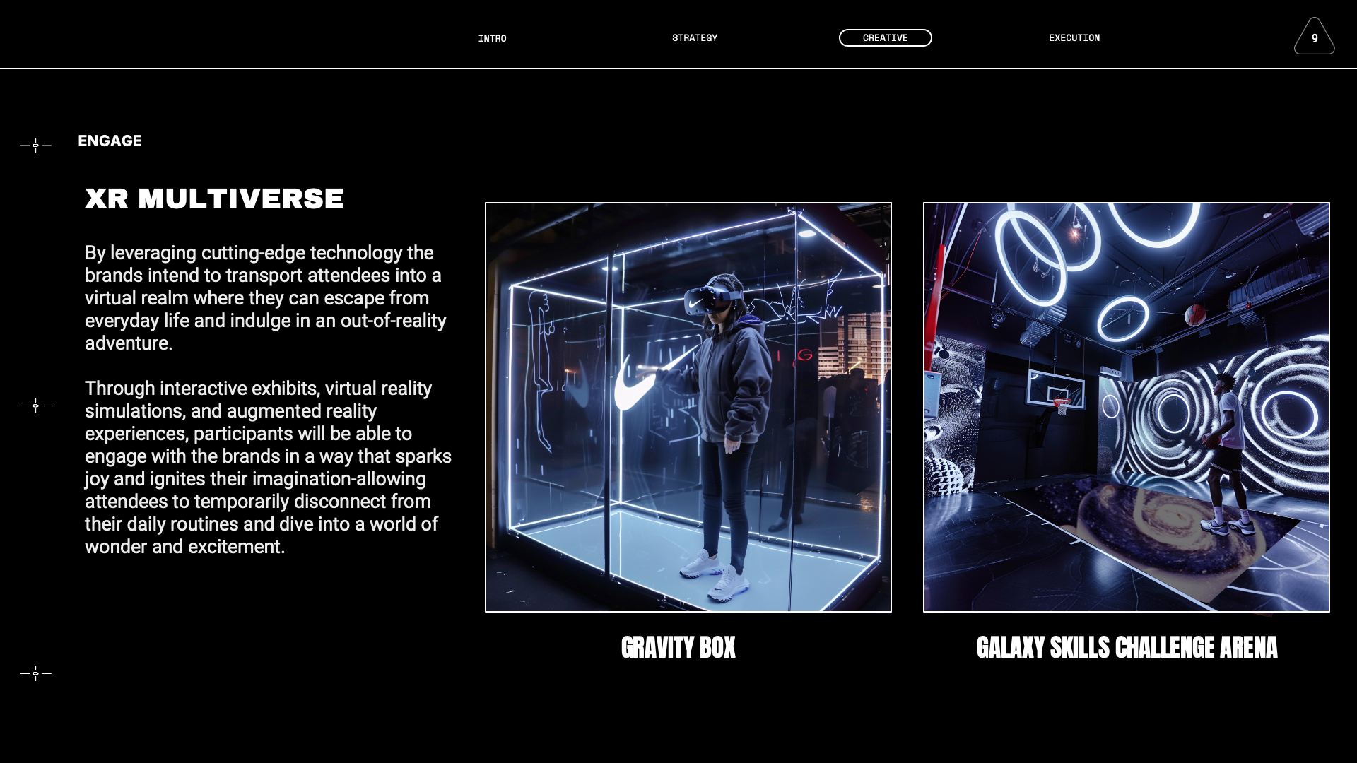 A digital webpage showcasing an interactive virtual reality exhibit called XR Multiverse, featuring a person wearing VR goggles in a neon-lit cube called Gravity Box and another person in a galaxy-themed arena called Galaxy Skills Challenge Arena.