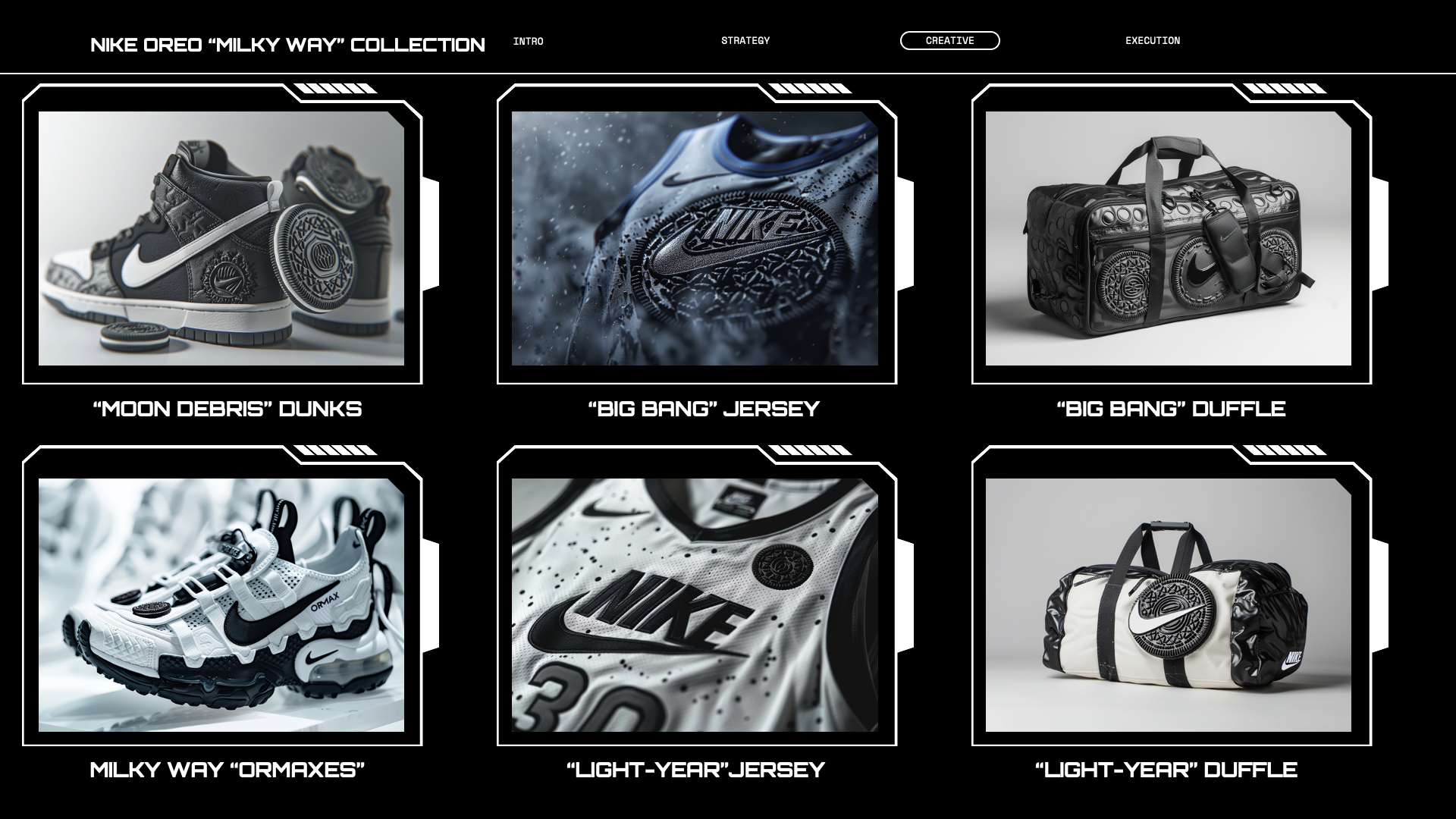A branding layout for Nike's Oreo Milky Way Collection including images of sneakers, jerseys, and duffle bags with space-themed designs. Top row shows Nike Dunk sneakers, a close-up of a Nike logo on a jersey, and a duffle bag. Bottom row displays a 