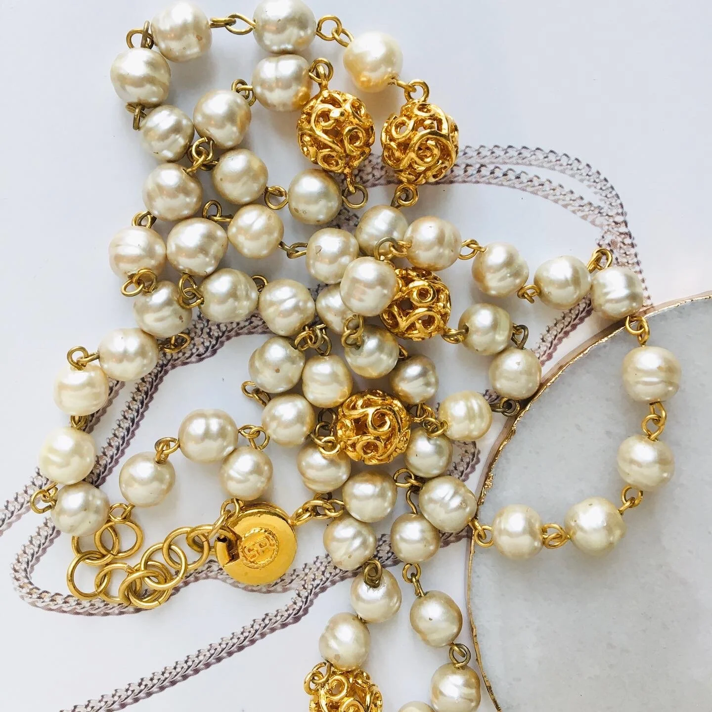 Sonia Rykiel Silver Pearl x Gold Filigree Necklace