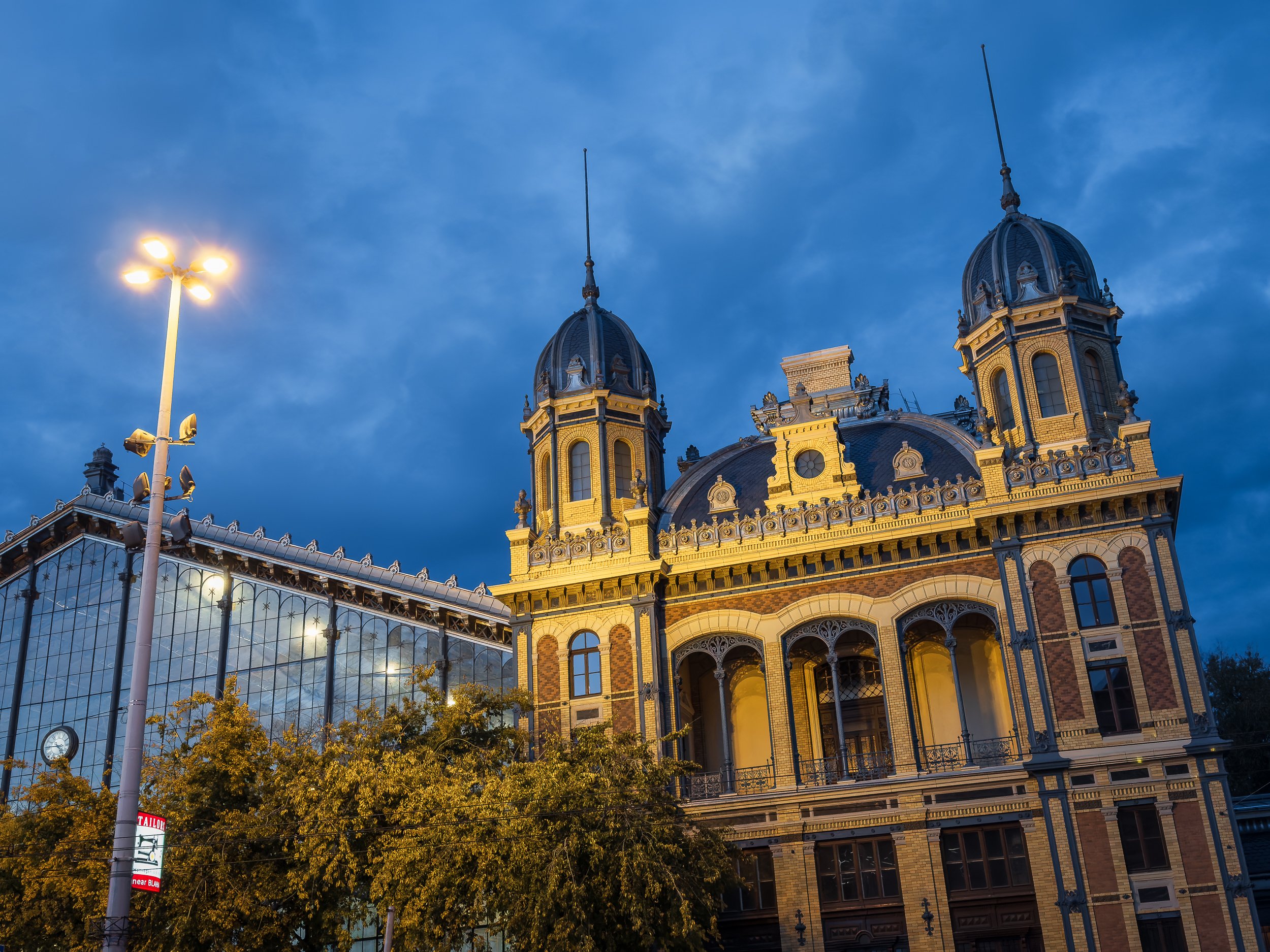 Train station building at night