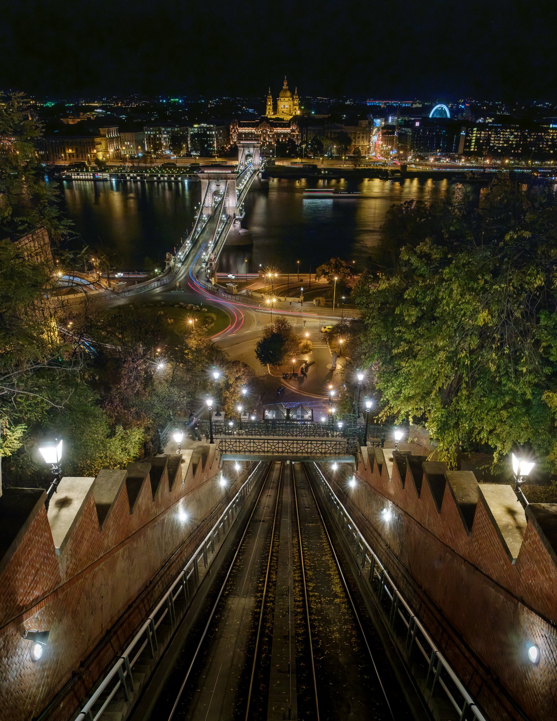 A view from the top of the funicular railway looking across the chain bridge.