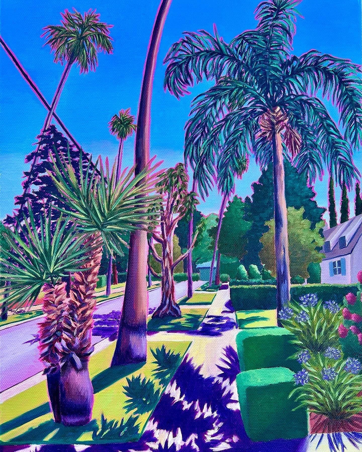 These paintings are from my neighborhood series that I created from photos I took on my daily morning walks through my neighborhood of northern Pasadena, crossing north into Altadena toward the mountains. I&rsquo;ve walked these beautiful streets hun