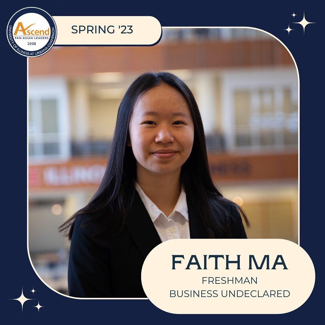 Moving on to the next member of the Spring &lsquo;23 class, we have Faith Ma! Faith is a freshman from Vernon Hills currently in business undeclared. You may find her enjoying a nice swim once the weather&rsquo;s nice. She also loves tiramisu and duc