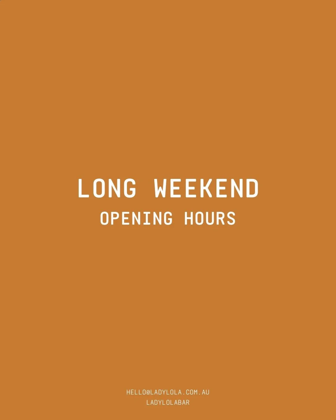 Long weekend vibes ✨

Tuesday to Friday from 4pm till late
Saturday from 3pm till late
Sunday &amp; Monday Closed

Lola Aperitivo every day
Tuesday to Friday from 4pm to 5pm
Saturday from 4pm to 5pm

Cocktails, wines,  delicious food &amp; good times
