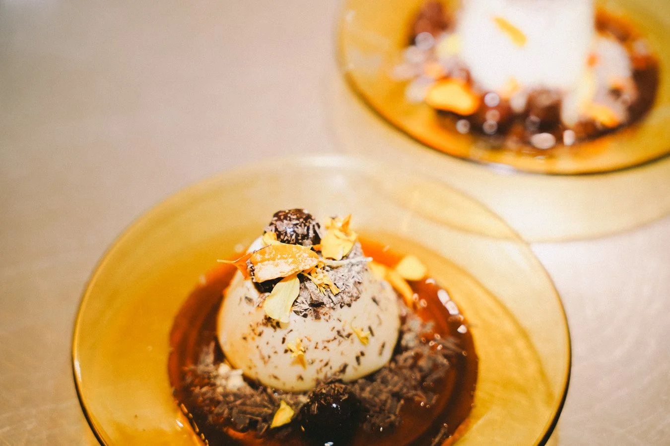 Honey panna cotta + negroni cherries + chocolate pearls 

Don&rsquo;t mind if I do 🍯