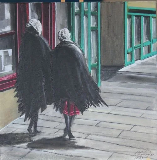 OIL COLOUR SHAWLIES HEADING TO TOWN 16X16.JPG