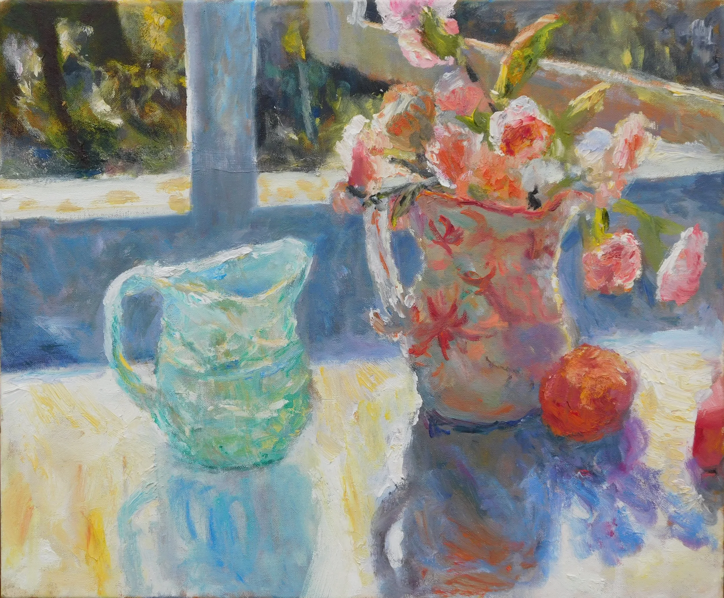 Bright Sunlight on Early Roses,50 x 60 cm, oil on canvas, 2022 Poem: Early Roses