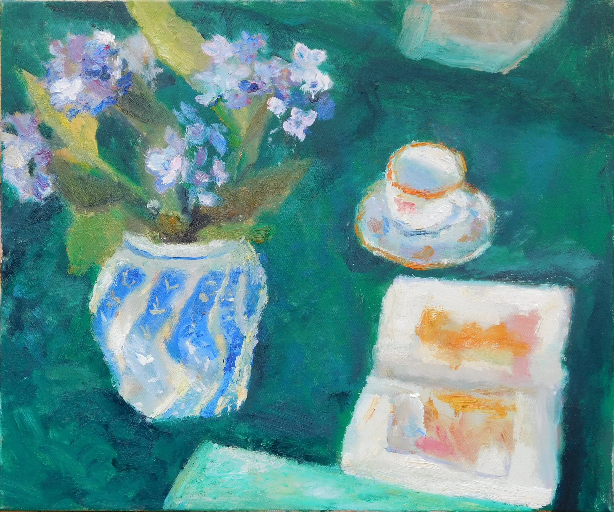 The Open Book on an Emerald Green Cloth, 50 x 60 cm, oil on canvas, 2022