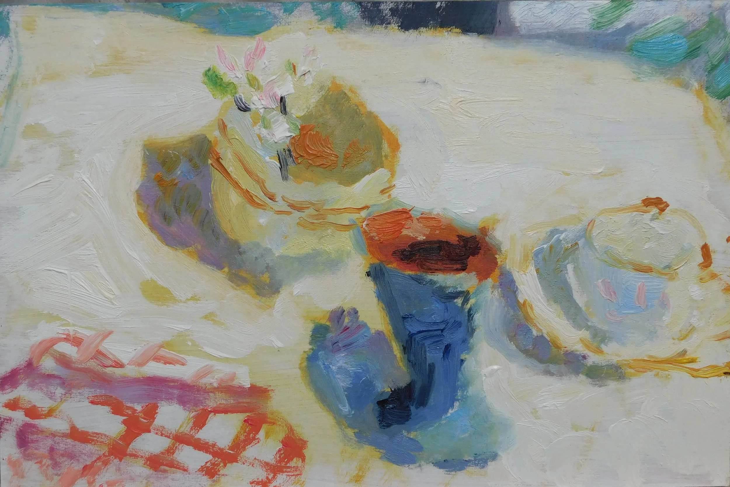 Eletric Light and Small Blue Vase, 20x30.5 cm, oil on board, 2022