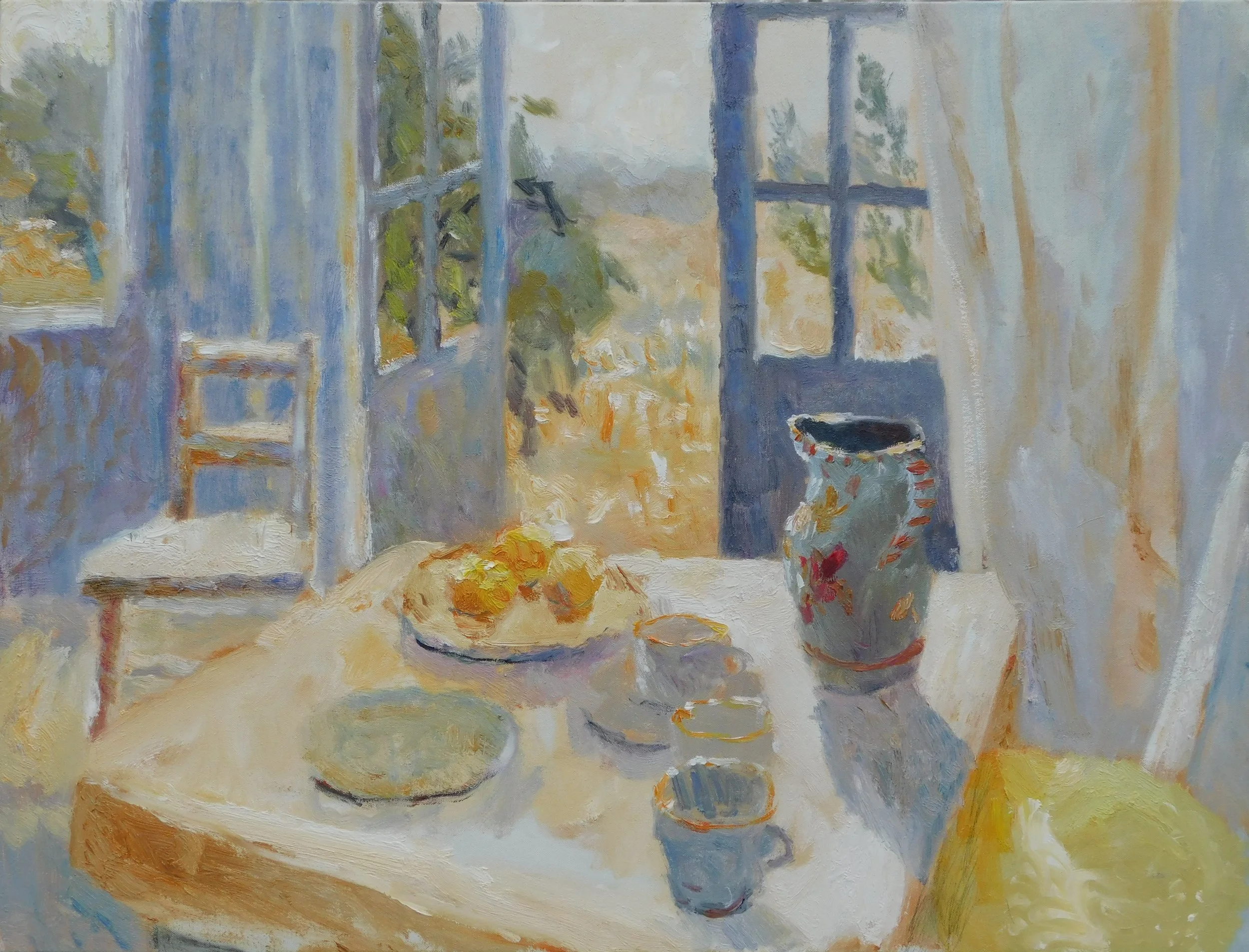 French Doors Open , Late Autumn. 76 x 100,cm, oil on canvas, 2022