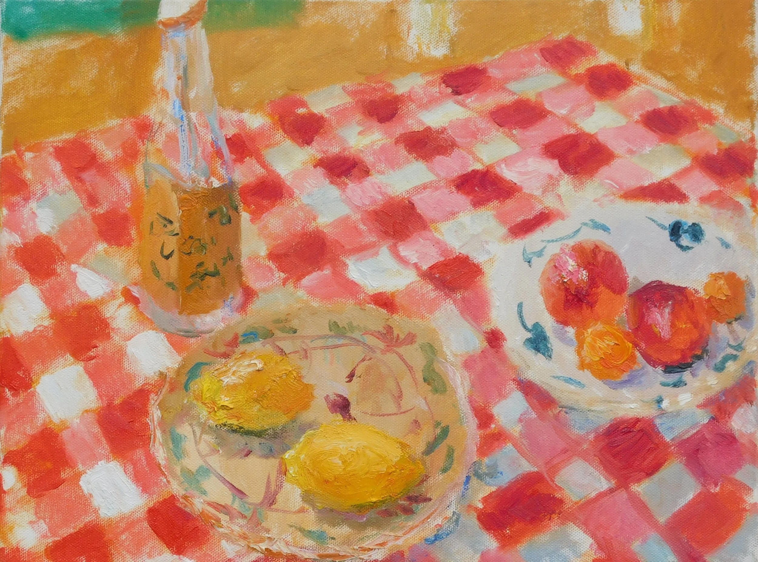 The Red and White Gingham Cloth and Olive Oil, 30.5 x 40.5cm, oil on canvas, 2022