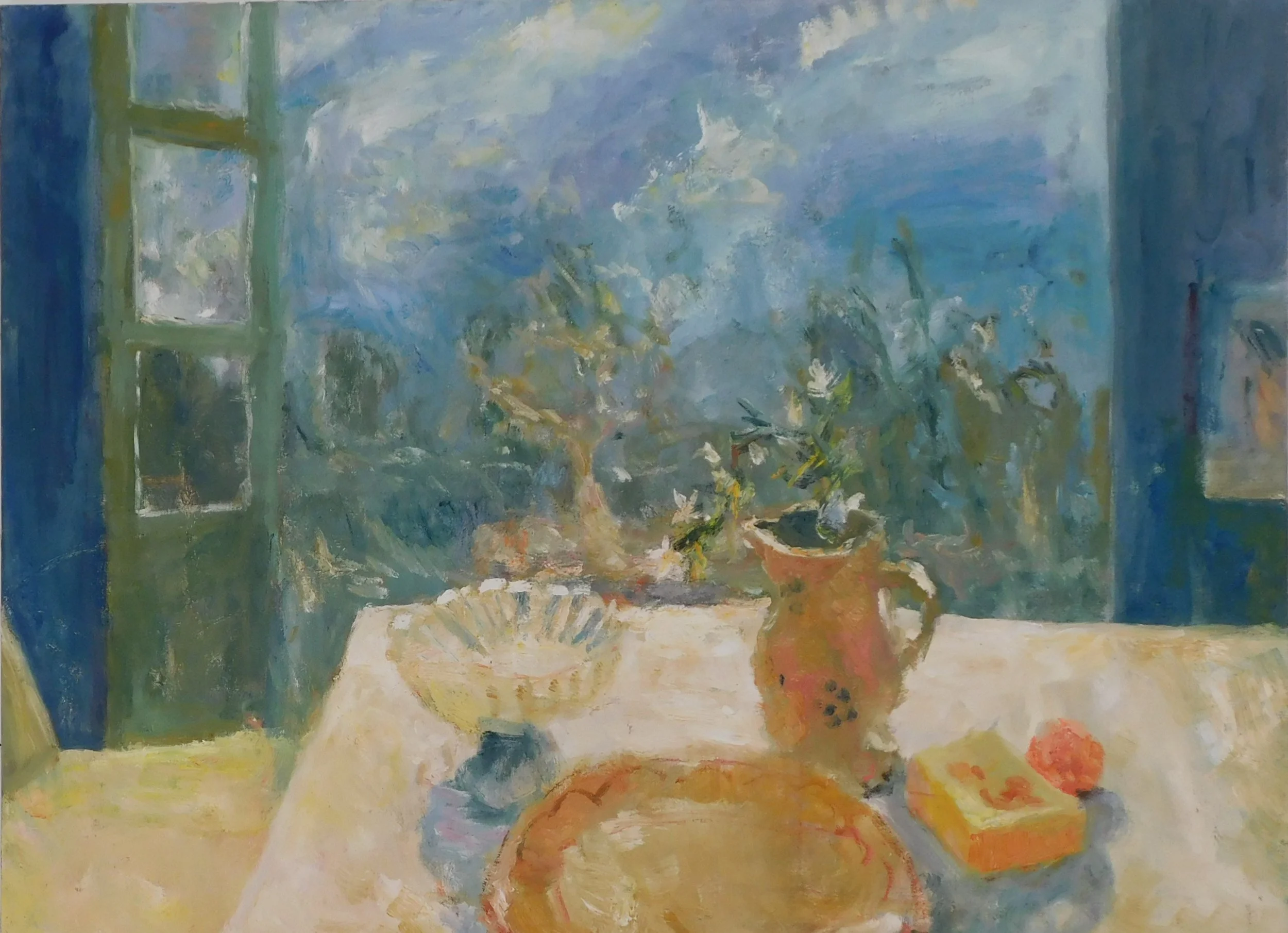 First Day of Opening the French Windows, 80 x 100 cm, oil on canvas, Poem: Blustery day