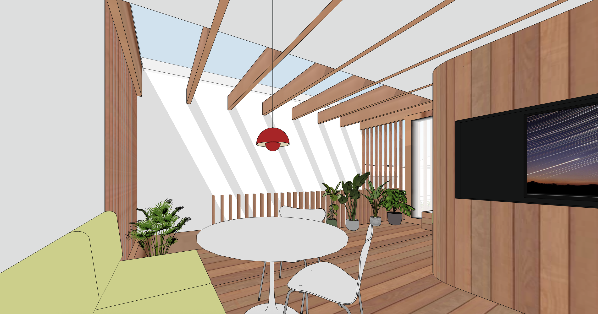 Interior view of a modern room with a sloped ceiling featuring exposed wooden beams and skylights, a wall with vertical wooden slats, a flat-screen TV on the wall, potted plants, a round white table, white chairs, and a green sofa.