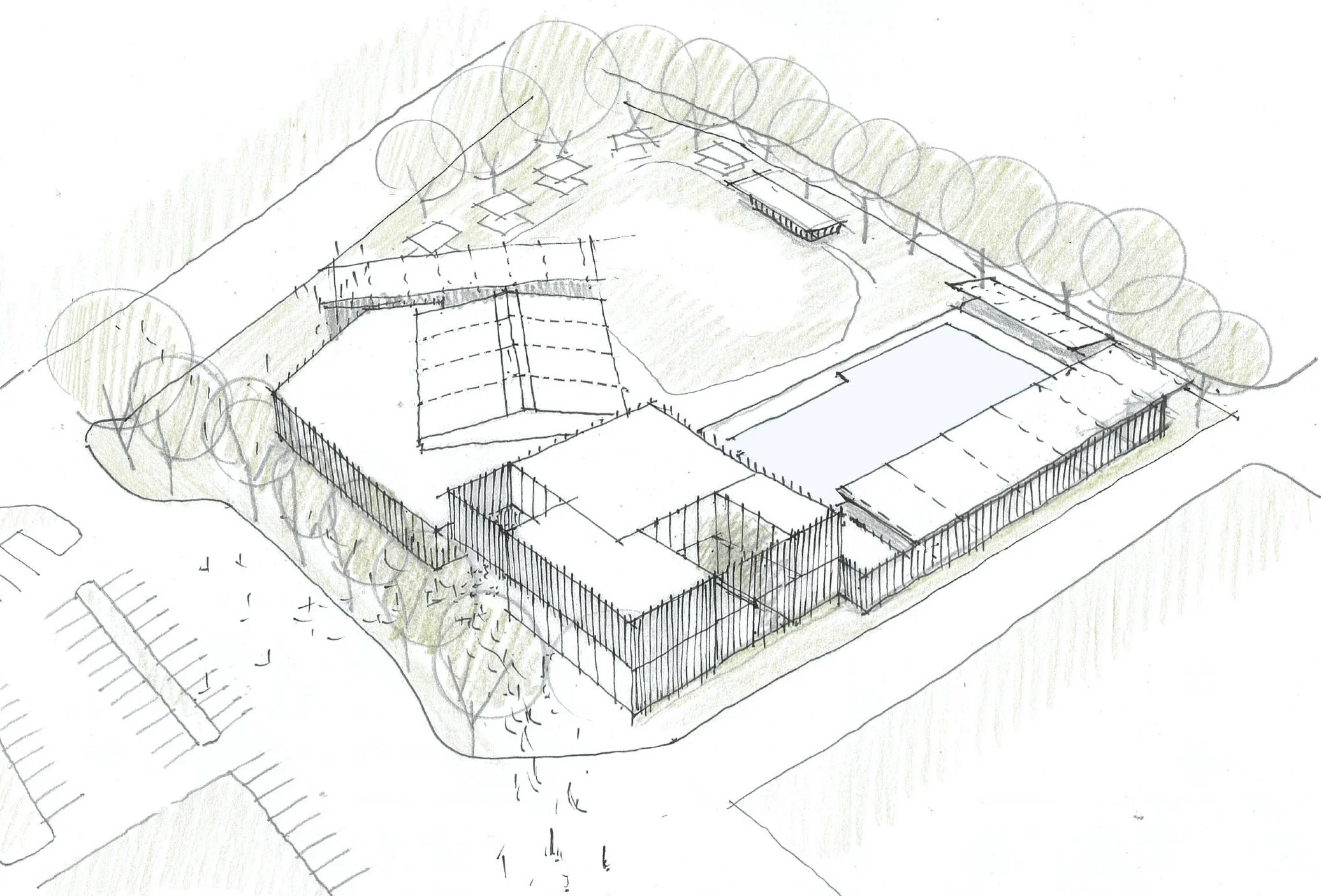 Architectural sketch of a building with surrounding trees, a parking lot, and fencing, created with pencil and light shading.