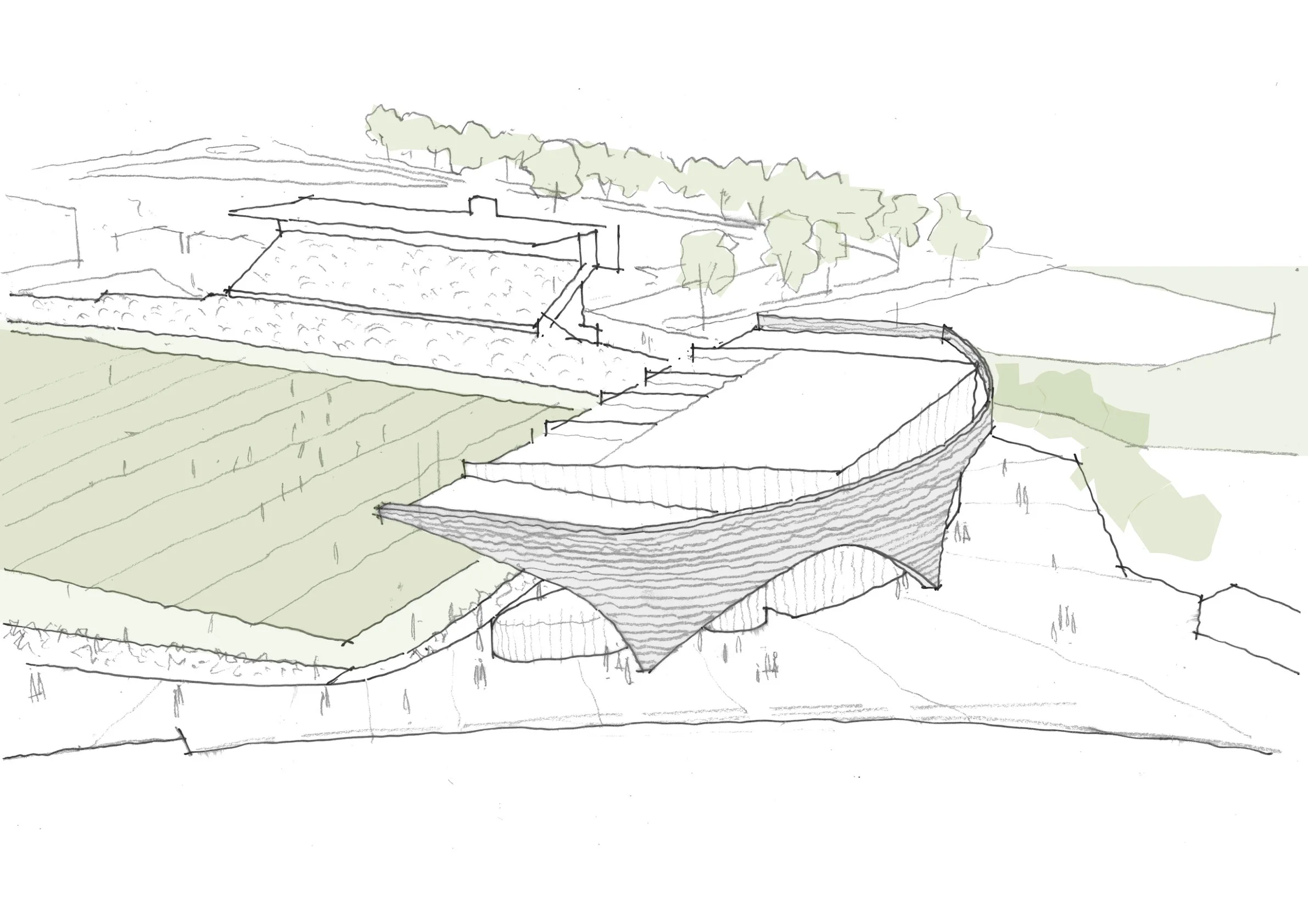 A hand-drawn conceptual sketch of a building within a stadium precinct.