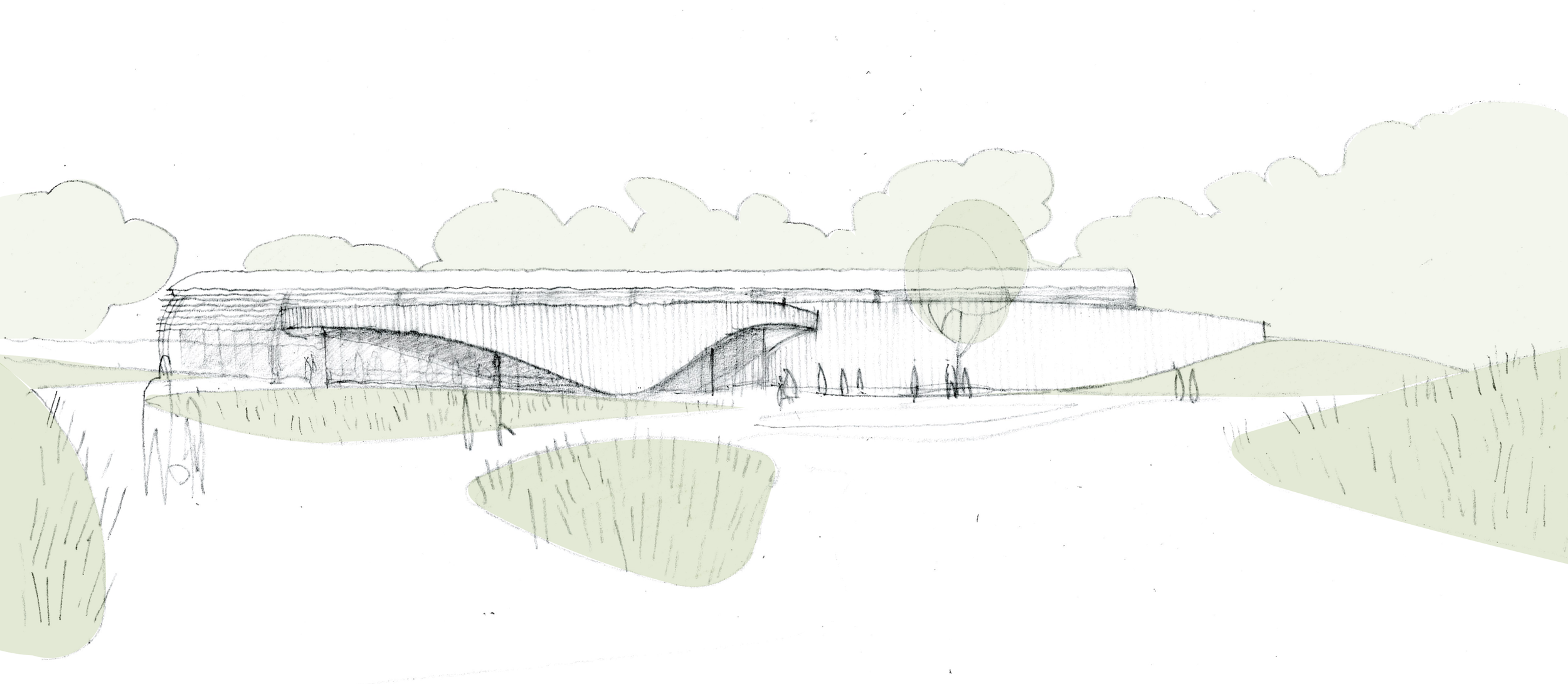 A hand-drawn sketch of a modern building with an arched entrance, surrounded by green grassy areas and trees, under a partly cloudy sky.