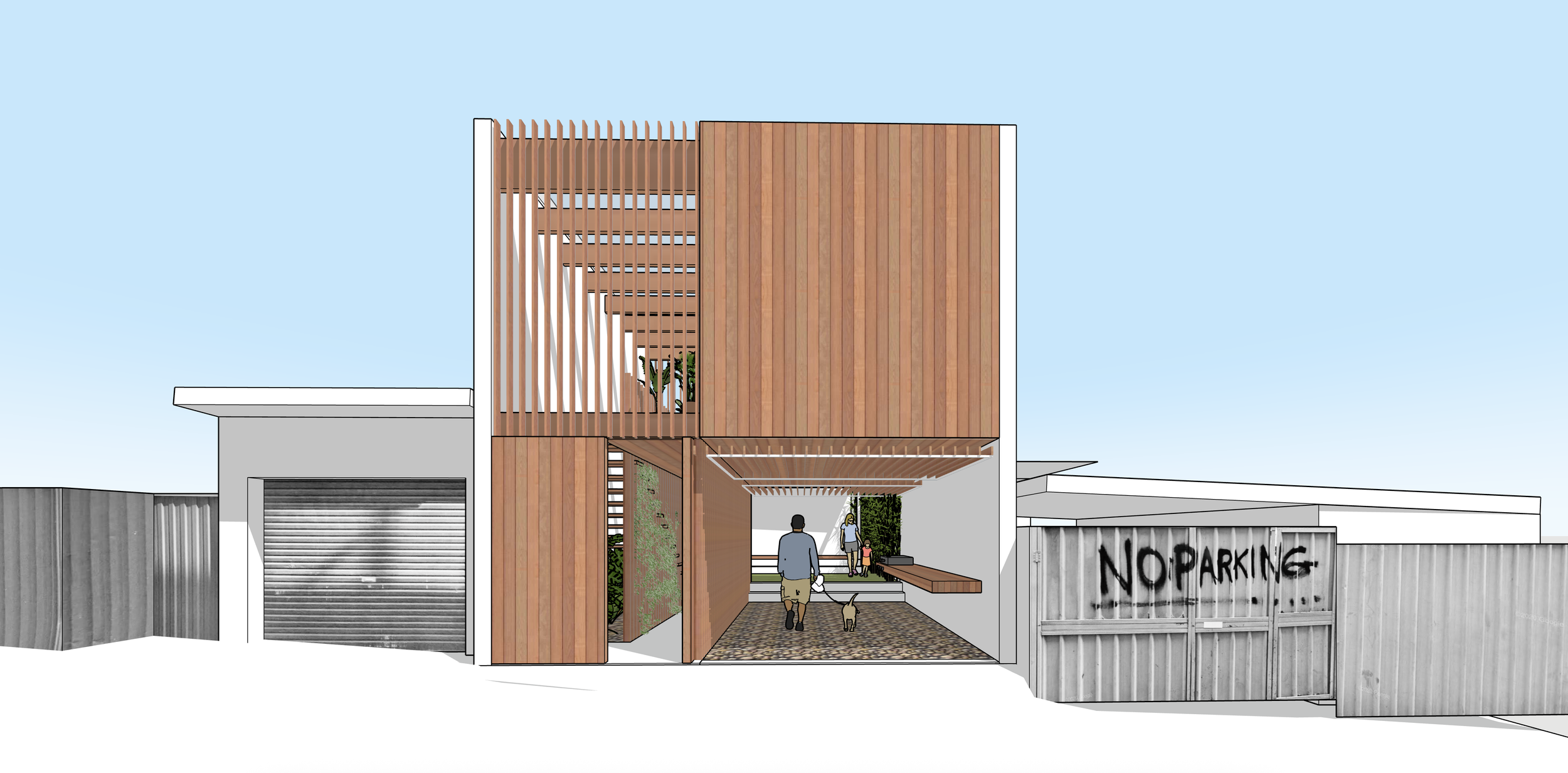 Rendering of a modern residential building with a wooden facade, entrance area, and a flat roof. A person and a dog are walking towards the entrance, alongside a fence with police graffiti.