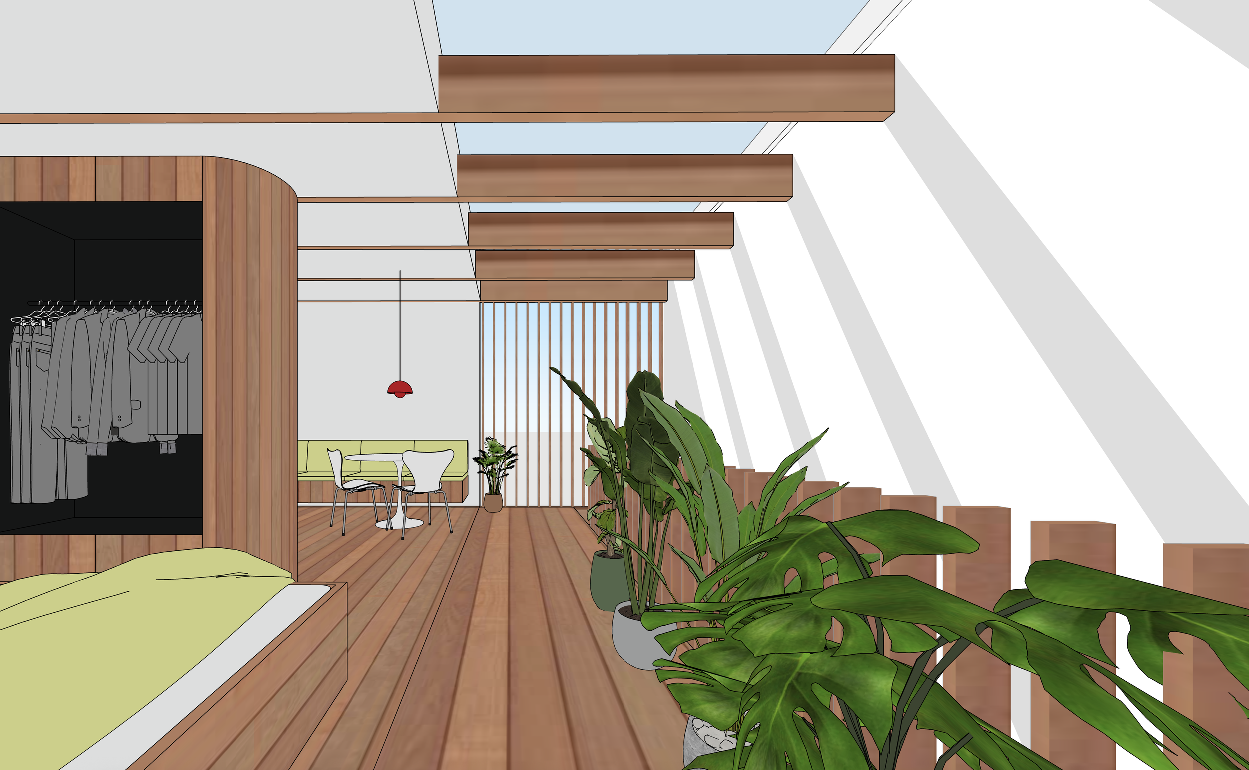 A modern interior with wooden floors, a bed with yellow bedding, large potted plants, a dining area with small round table and chairs, and a clothing closet with hanging garments. The space features wooden beams, a slatted wall, and a hanging red lamp.