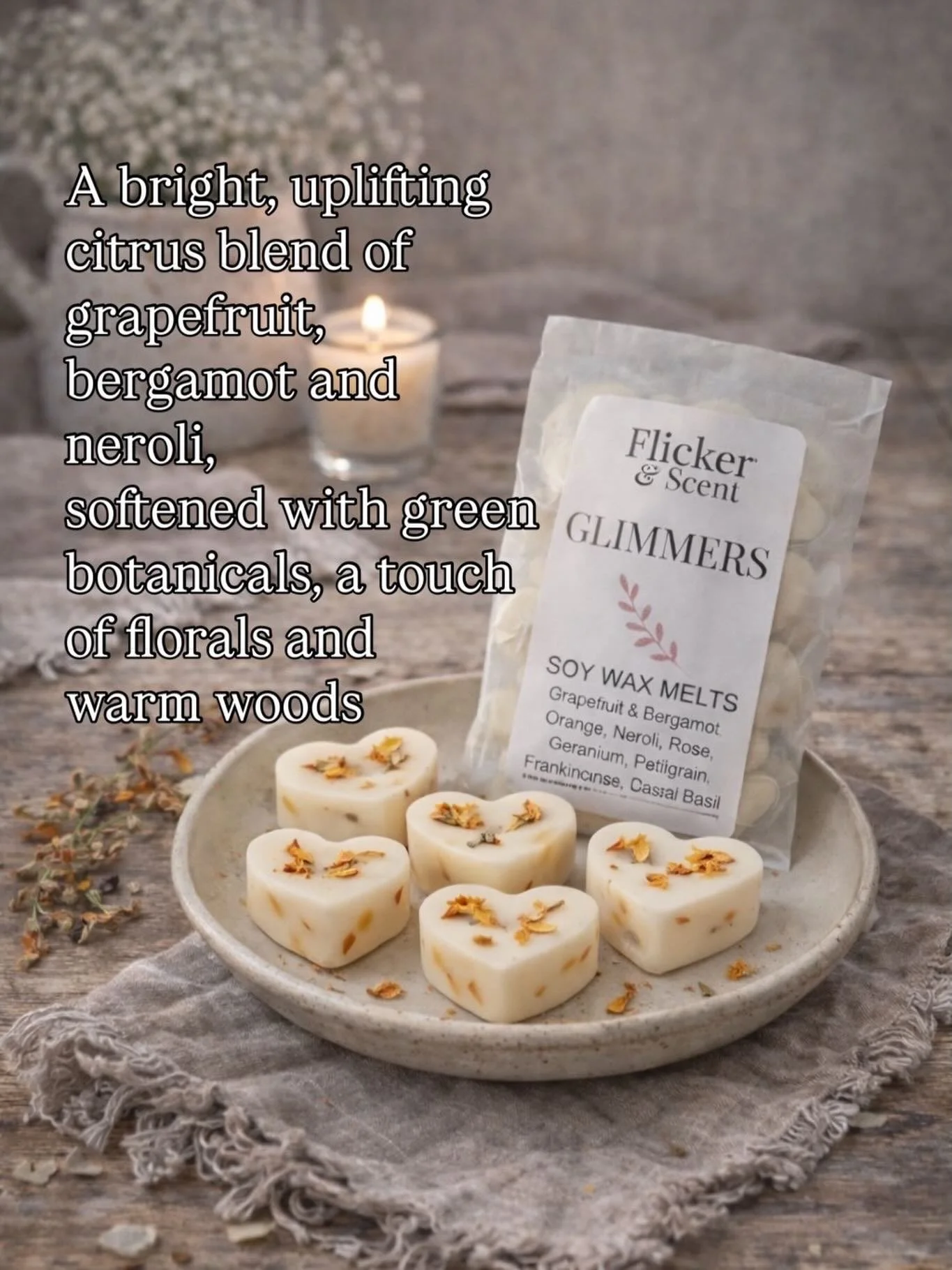 Introducing Glimmers my new blend inspired by the book I am currently reading about finding pockets of joy in every day life. For example a beautiful sunrise, hearing our favourite song on the radio, tasting some scrummy food, feeling warm under a bl