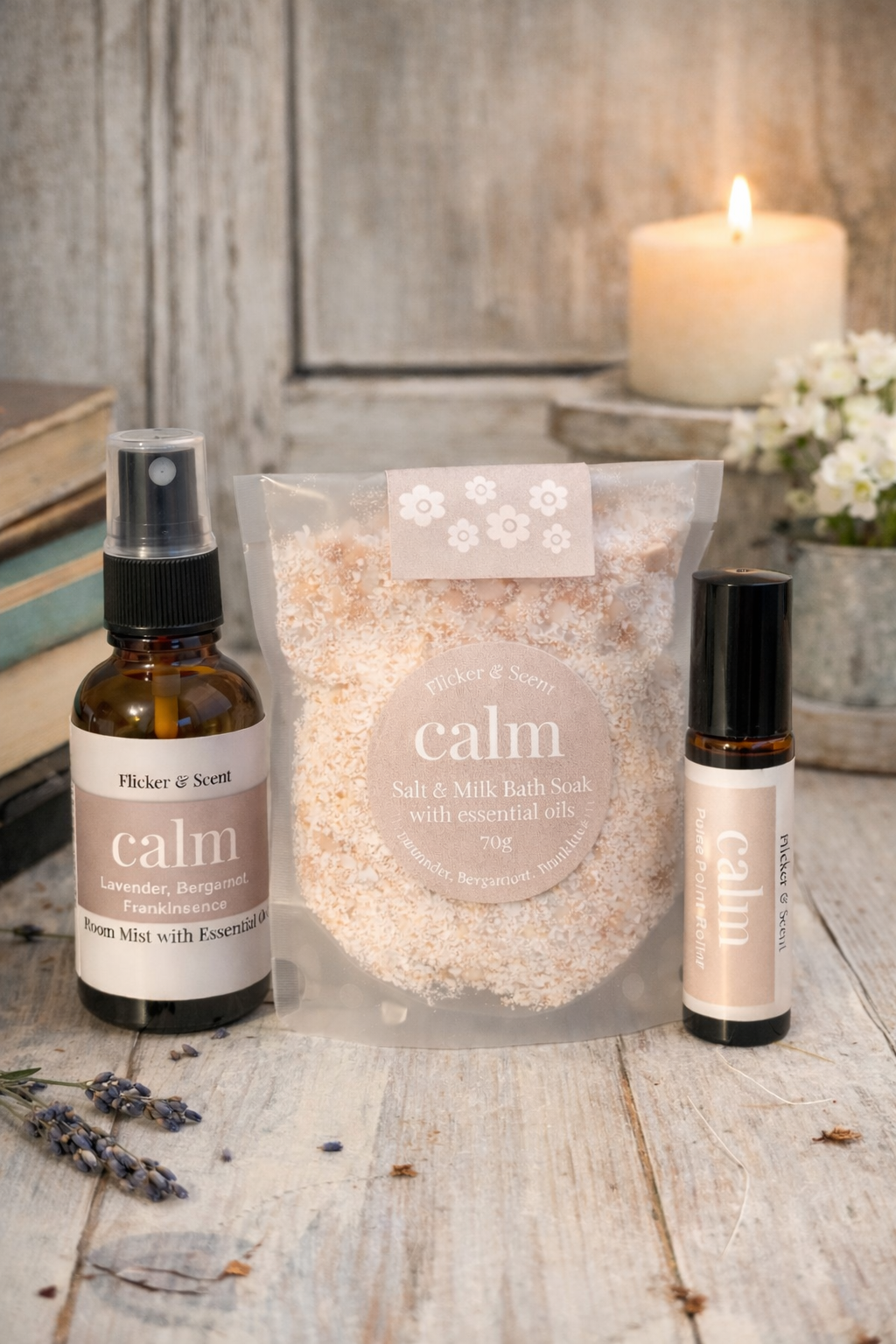 Calm Ritual essential oil gift set with bath soak, pulse point roller and pillow mist for relaxation and wellbeing