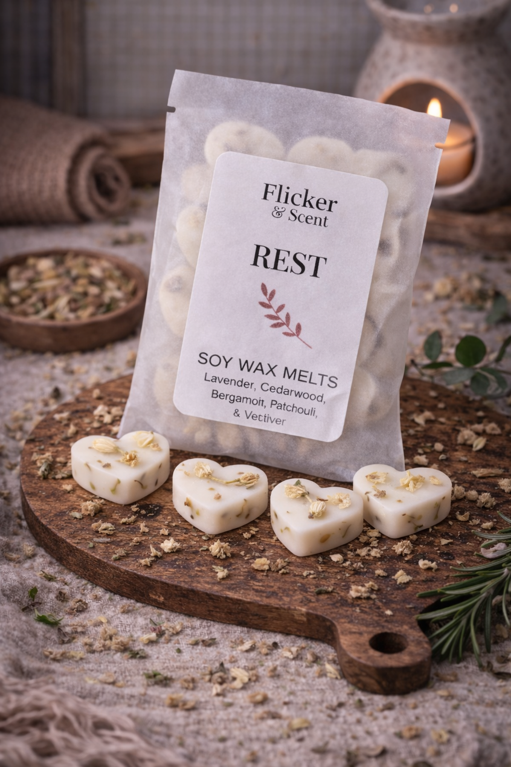 Rest soy wax melts from Flicker & Scent a blend of lavender, cedarwood, bergamot, patchouli, vetiver