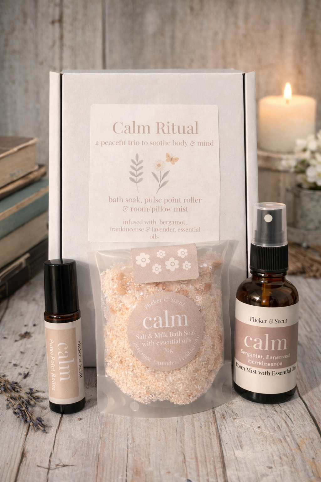 Calm Ritual essential oil gift set with bath soak, pulse point roller and pillow mist for relaxation and wellbeing