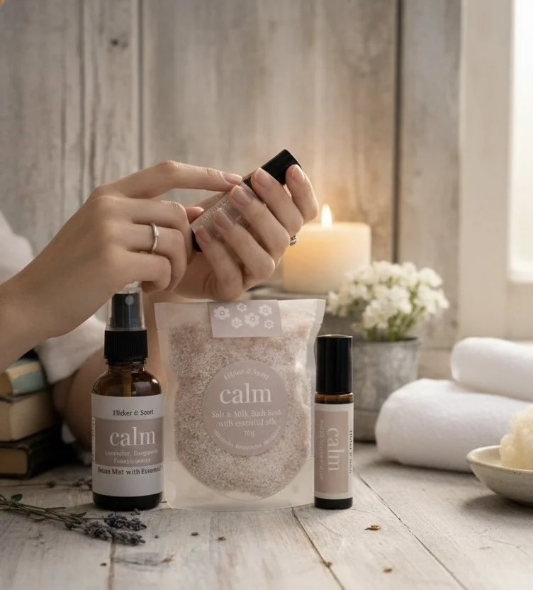 Calm Ritual essential oil gift set with bath soak, pulse point roller and pillow mist for relaxation and wellbeing
