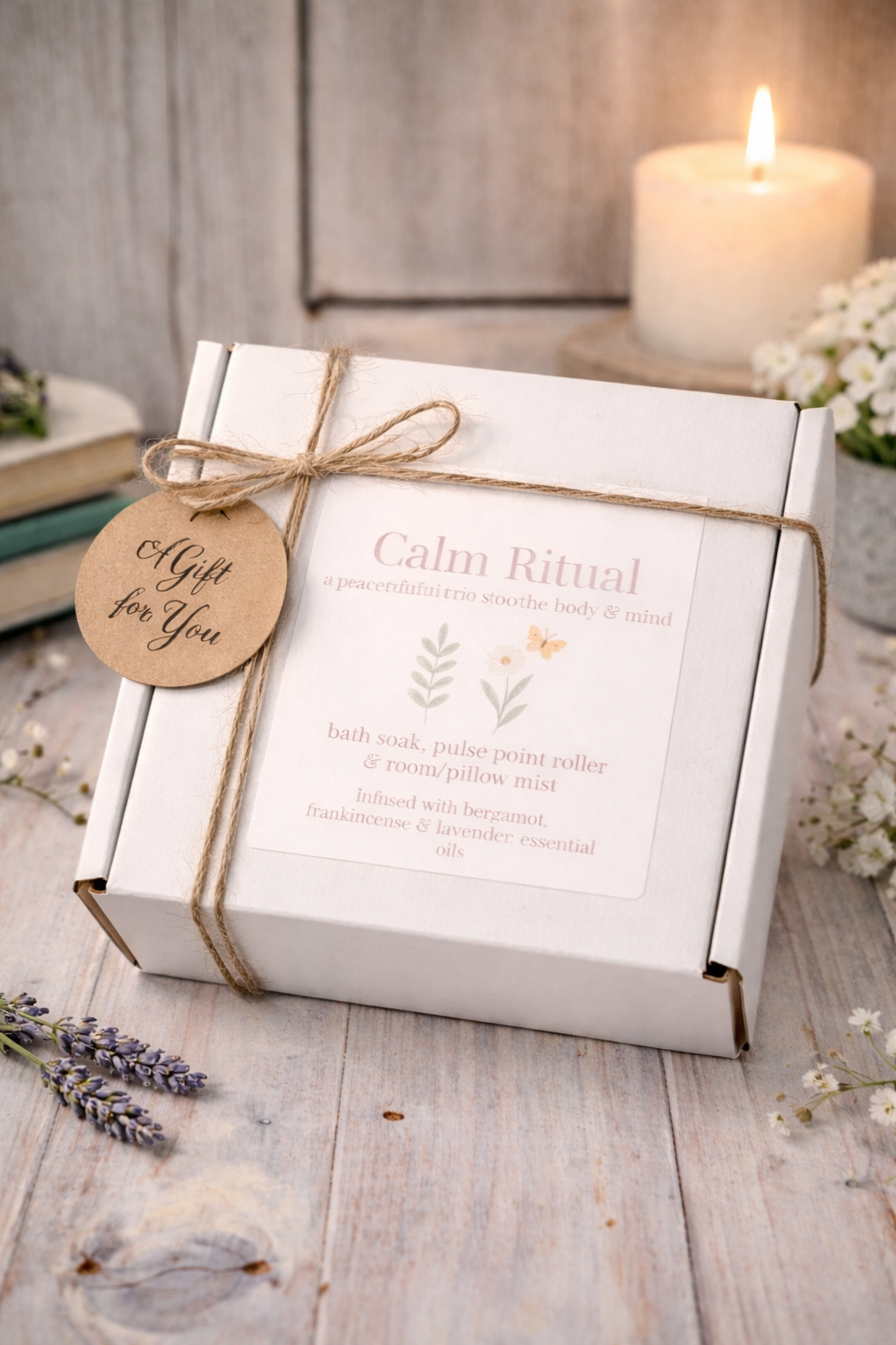 Calm Ritual essential oil gift set with bath soak, pulse point roller and pillow mist for relaxation and wellbeing