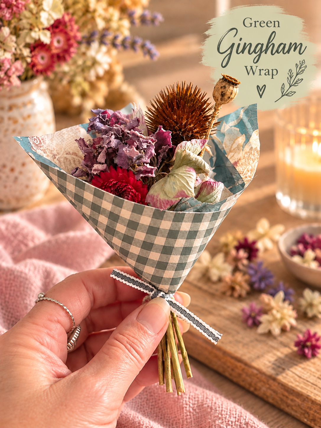 Green Gingham Dried Flower Bouquet (1).png