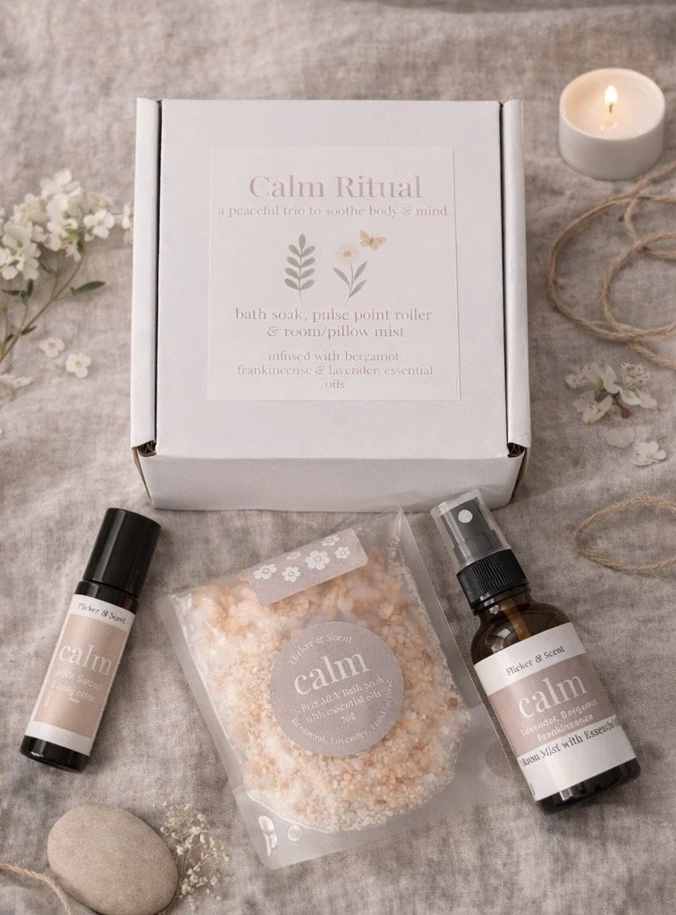 Calm Ritual essential oil gift set with bath soak, pulse point roller and pillow mist for relaxation and wellbeing