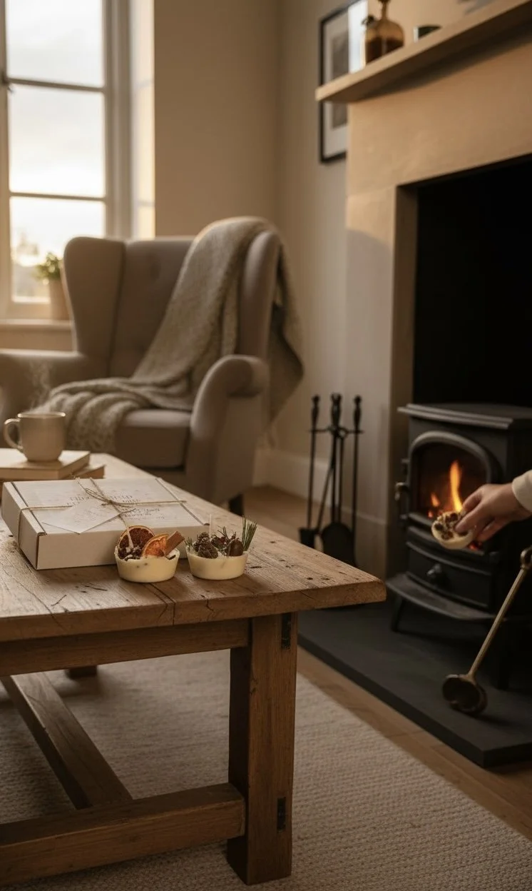 soy wax fire lighter infused with fragrance and decorated with botanicals, natural fire starter