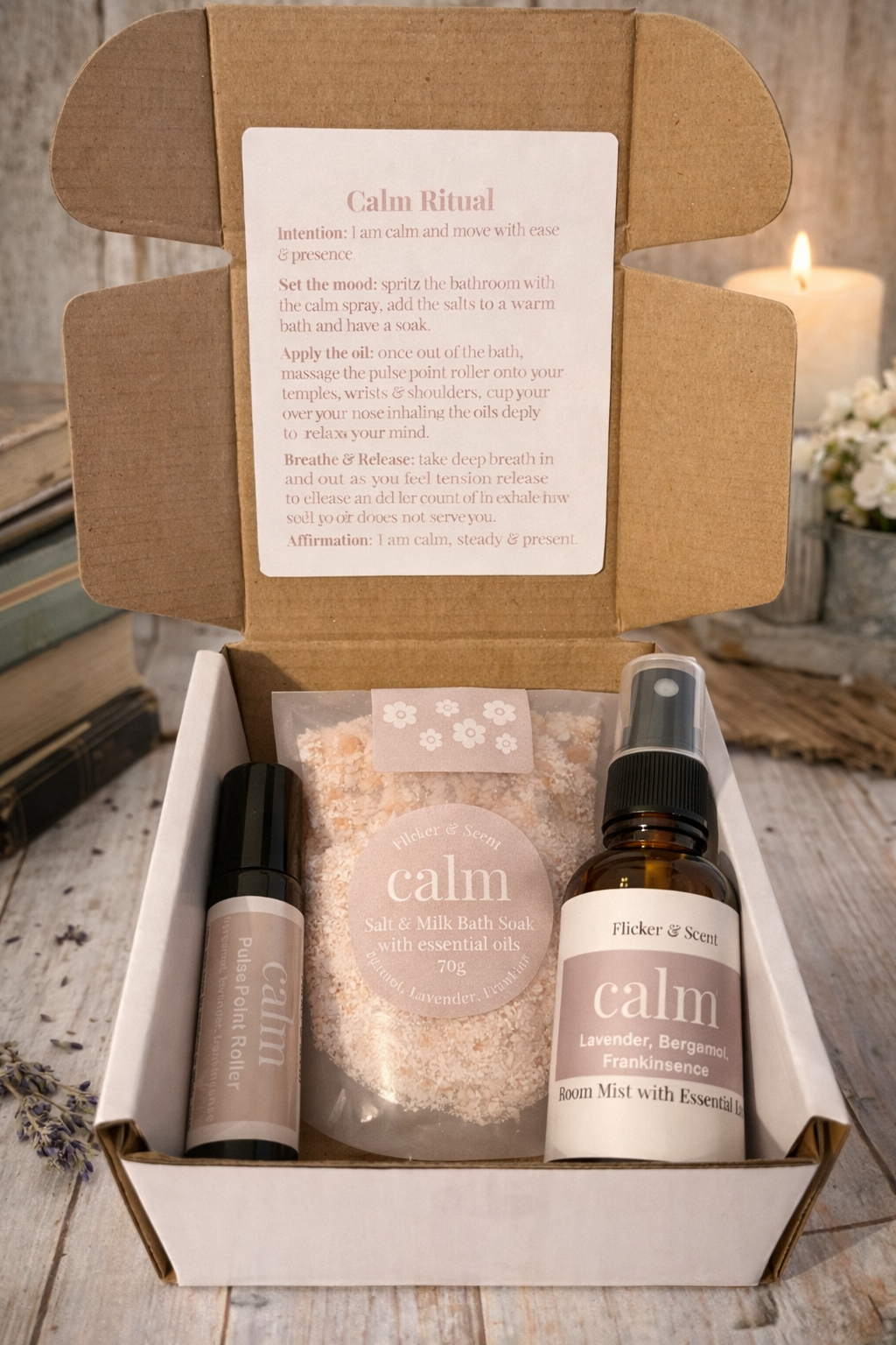 Calm Ritual essential oil gift set with bath soak, pulse point roller and pillow mist for relaxation and wellbeing