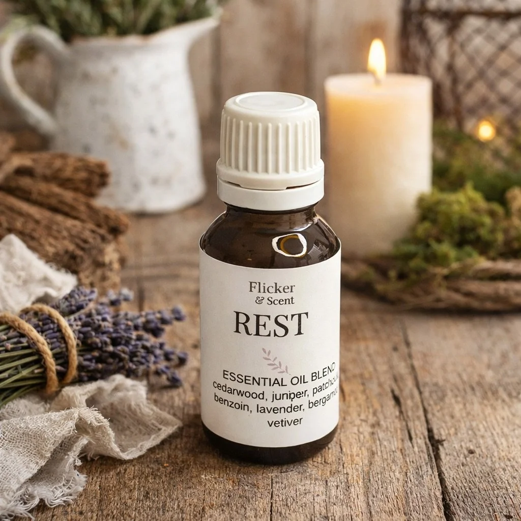 Hand blended essential oil of cedarwood, juniper, patchouli, benzoin, lavender, bergamot, vetiver by flicker & scent