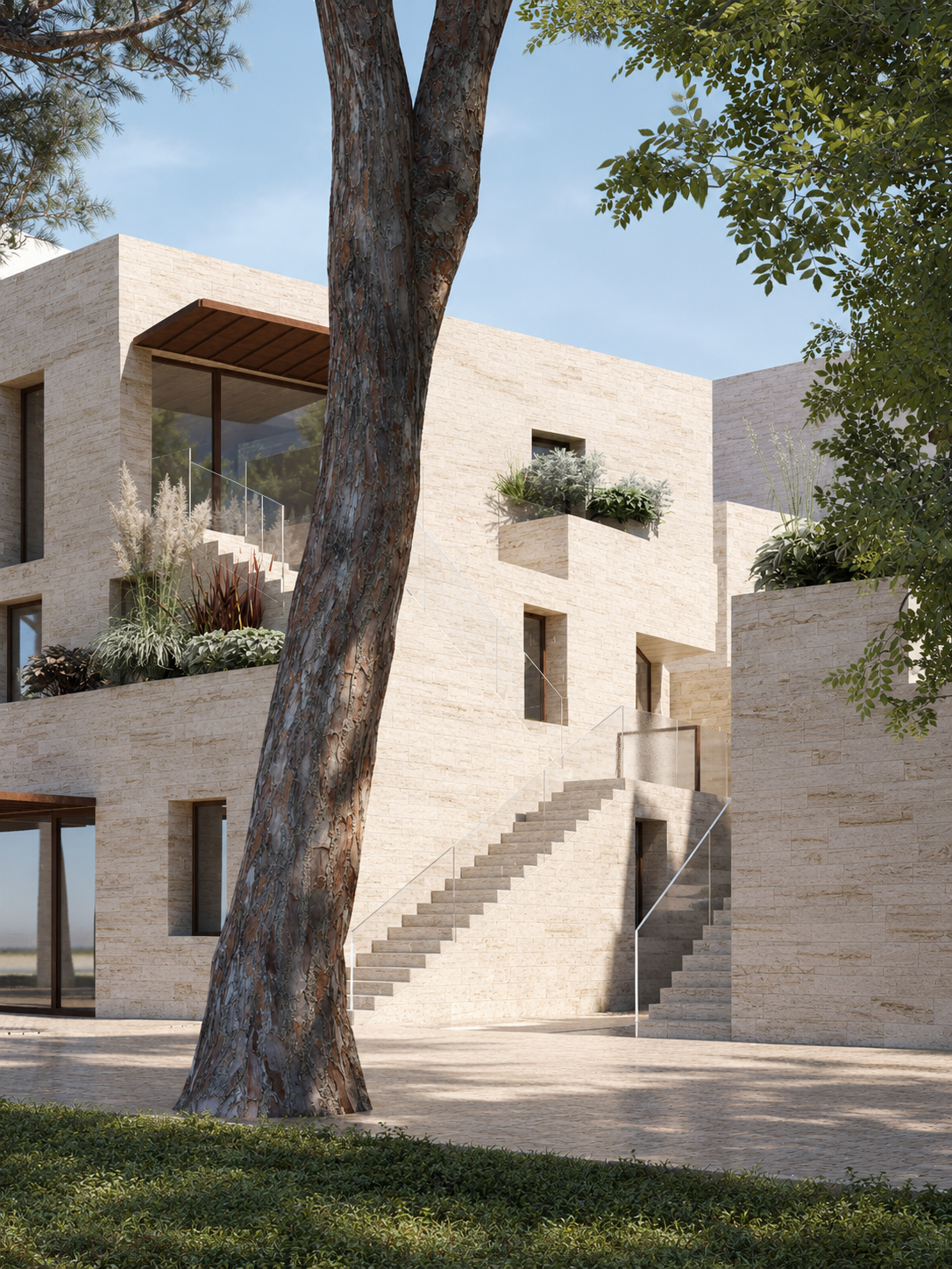 Sunlit Modern Stone Villa Courtyard.png