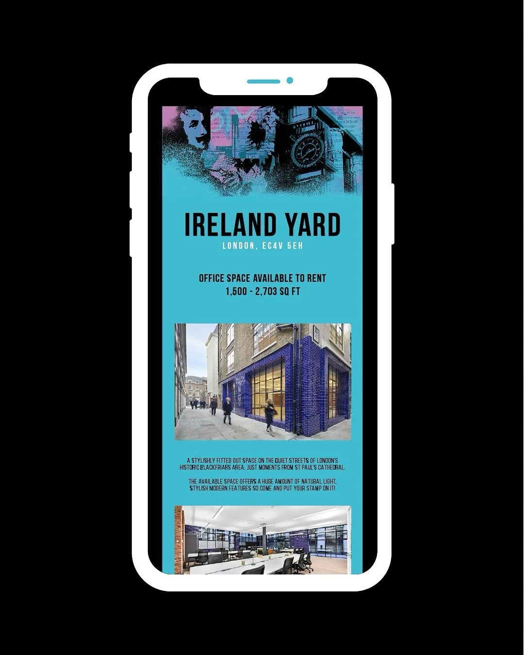 Darwood Design created an engaging HTML flyer for @rubixlondon to promote office space at Ireland Yard, Blackfriars. Inspired by the unique window design produced by @vinylsignstudio (mural by @ionarowlandart ) , the digital flyer showcases the styli