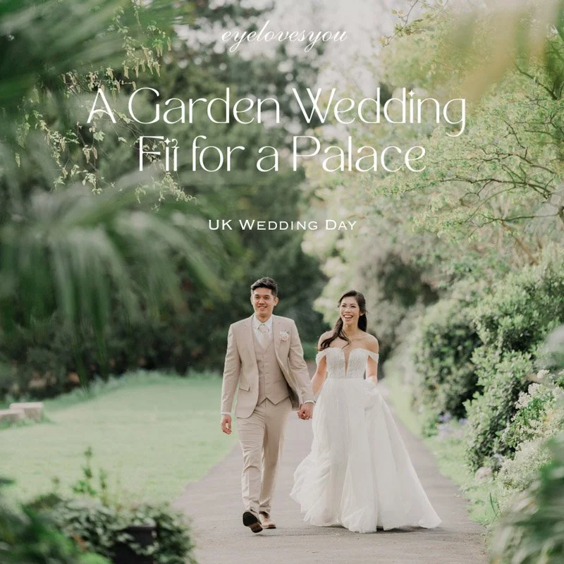Bride and groom walking a garden path on their wedding day at Hampton Court House — Eyelovesyou UK wedding day photography.