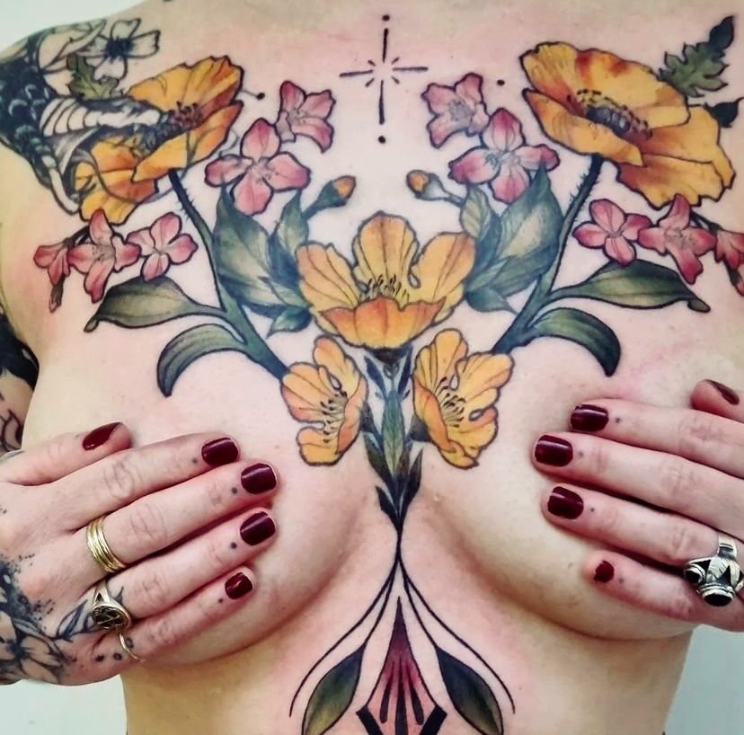 Botanical Chest Piece Water Colour Tattoo