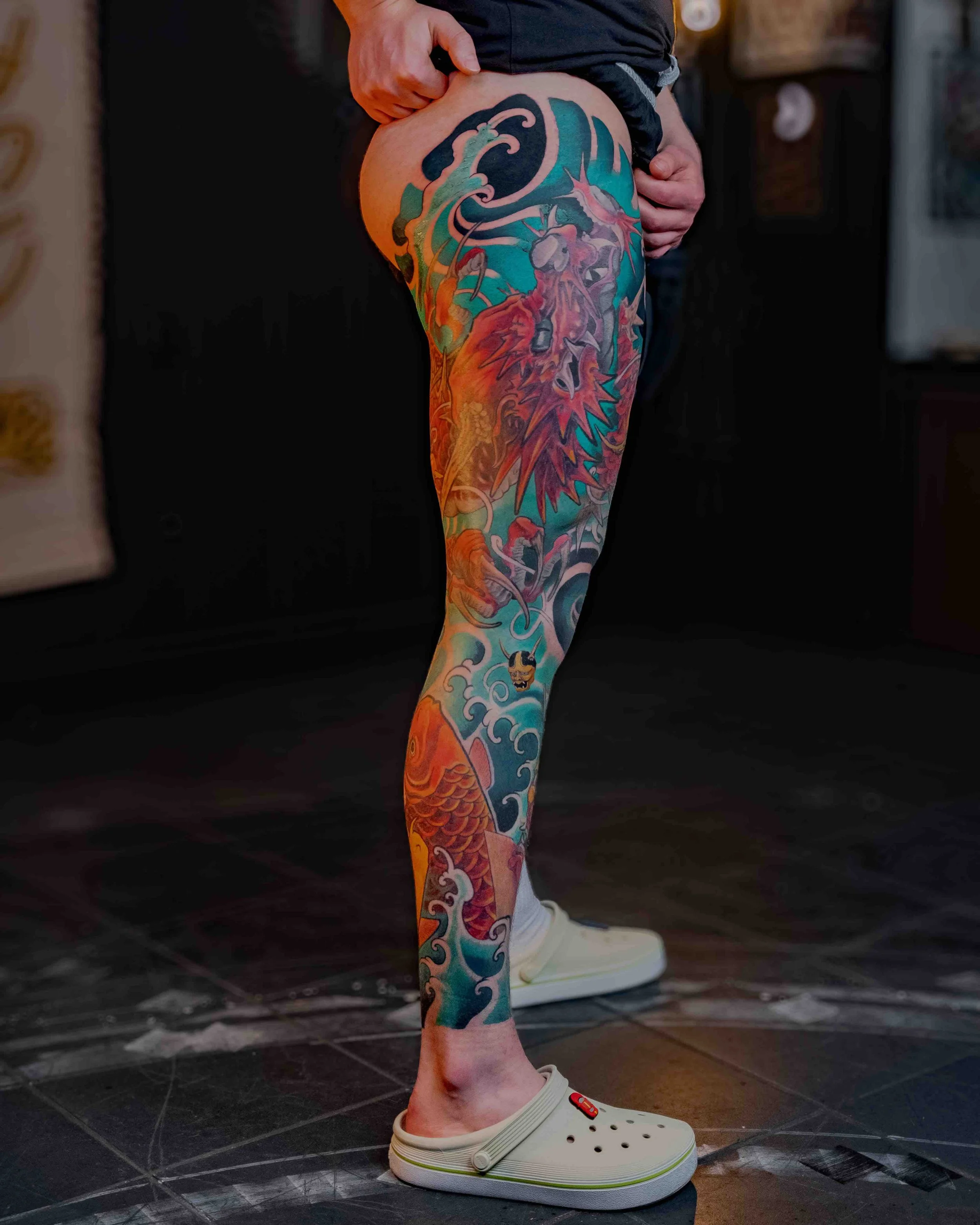 Dawid - neo-japanese leg sleeve. dragon colourwork tattoo.jpeg