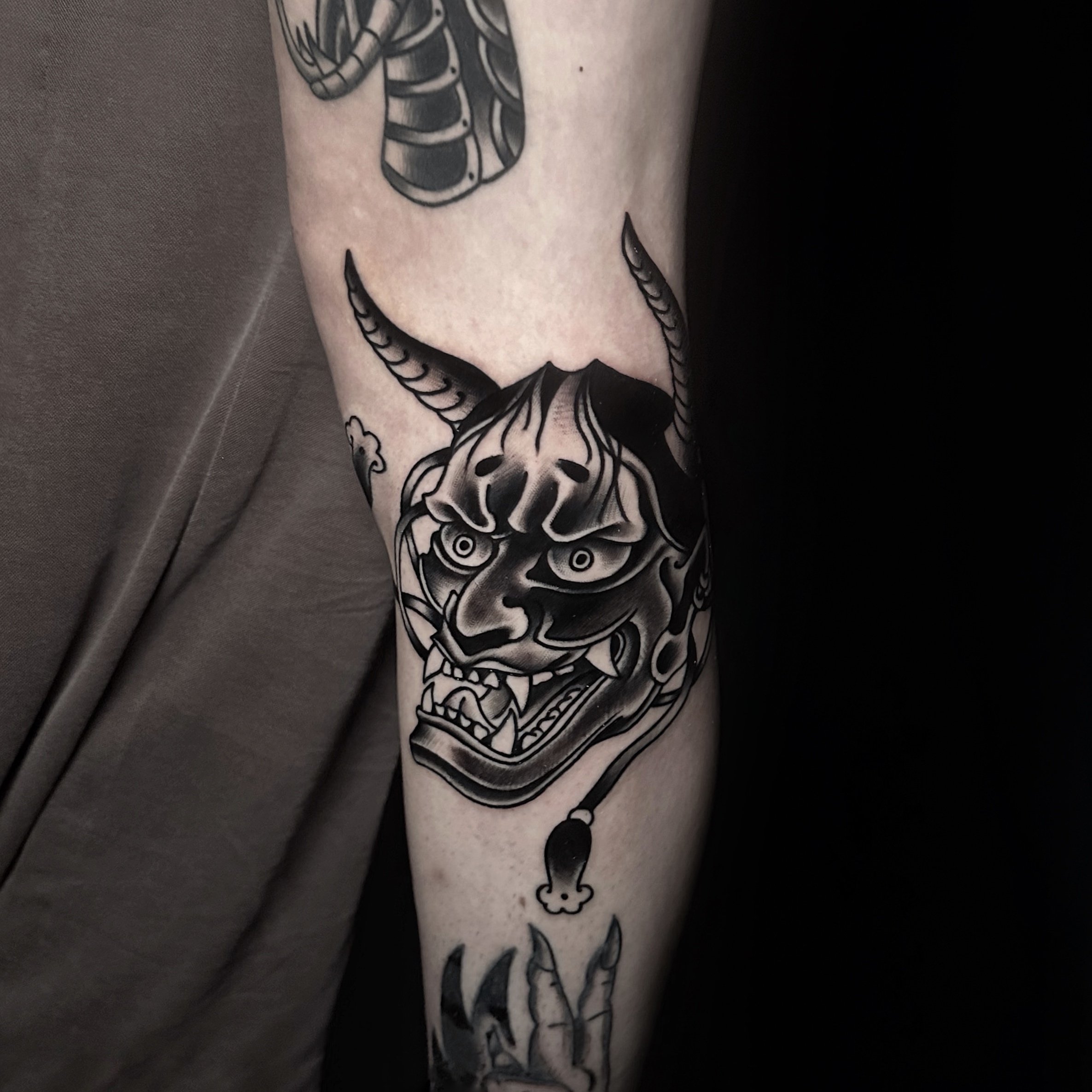 Japanese hanya mask tattoo idea in blackwork tattoo style