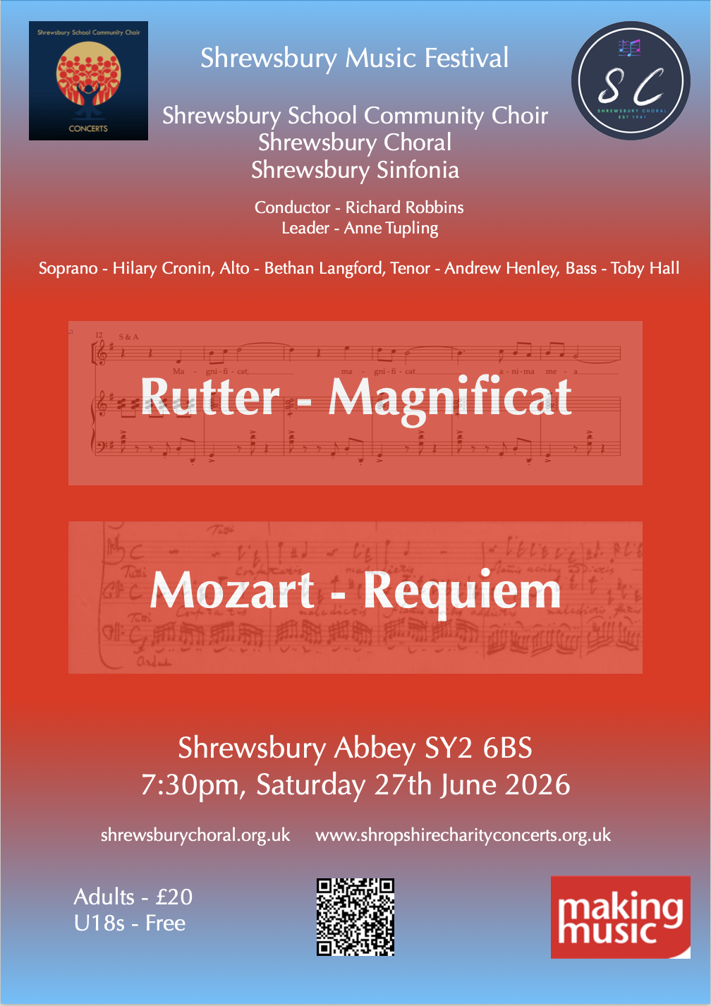 Poster for the Shrewsbury Music Festival featuring the Shrewsbury School Community Choir, with performance details including date, time, and location at Shrewsbury Abbey, and logos of the event organizers.