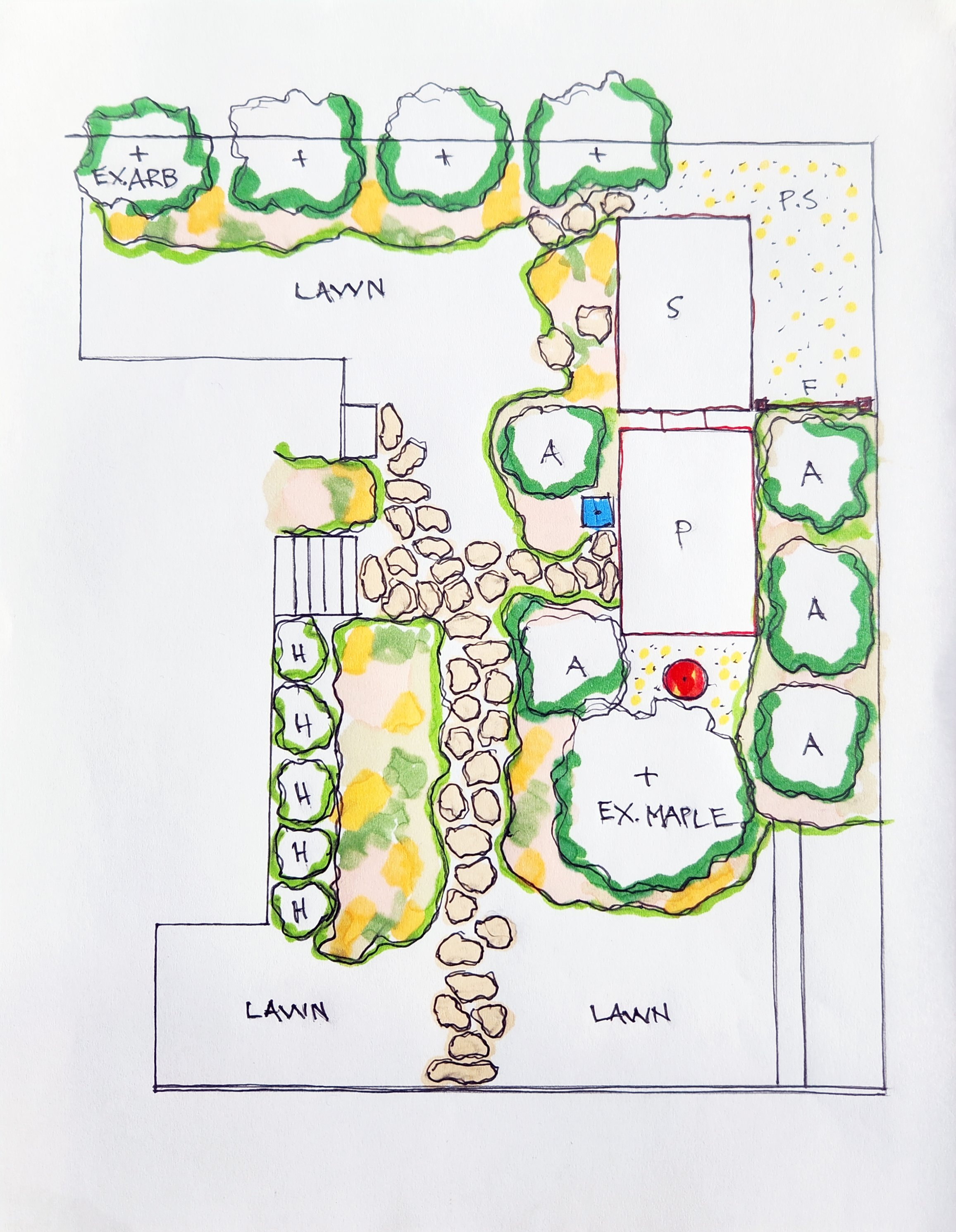 Hand-drawn landscape plan featuring lawns, trees, and shrubbery with labels and decorative elements.